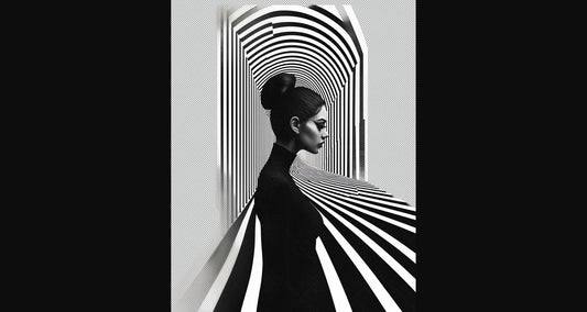 Black And White Fashion Photo of a Woman In The Center of a Optical Illusion That Creates Visual Depth and Movement With Transparent Background 003 SN2754 - Sweet As Hell Designs