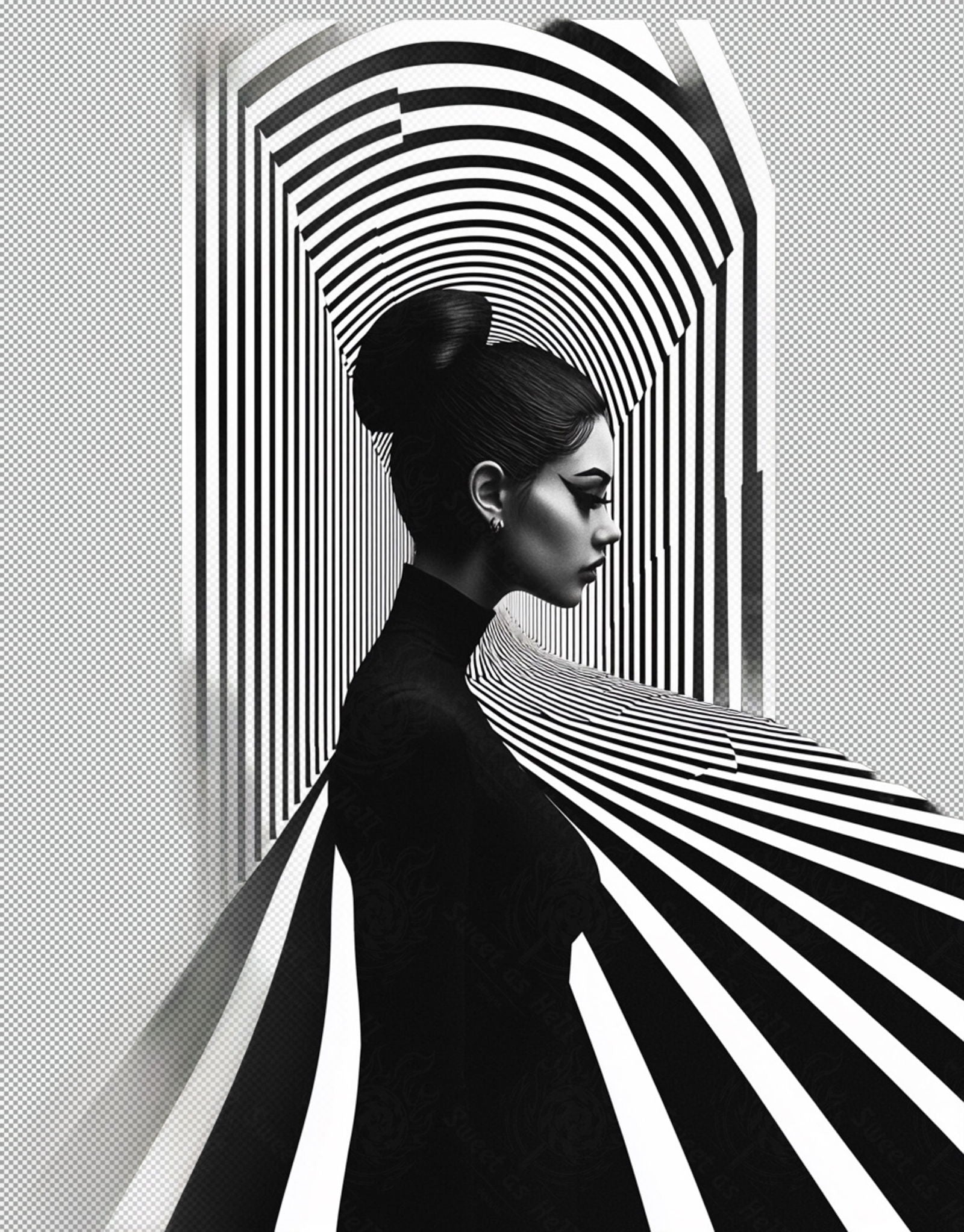 Black And White Fashion Photo of a Woman In The Center of a Optical Illusion That Creates Visual Depth and Movement With Transparent Background 003 SN2754 - Sweet As Hell Designs
