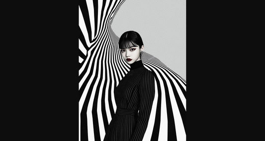 Black And White Fashion Photo of a Woman In The Center of a Optical Illusion That Creates Visual Depth and Movement With Transparent Background 004 SN2759 - Sweet As Hell Designs