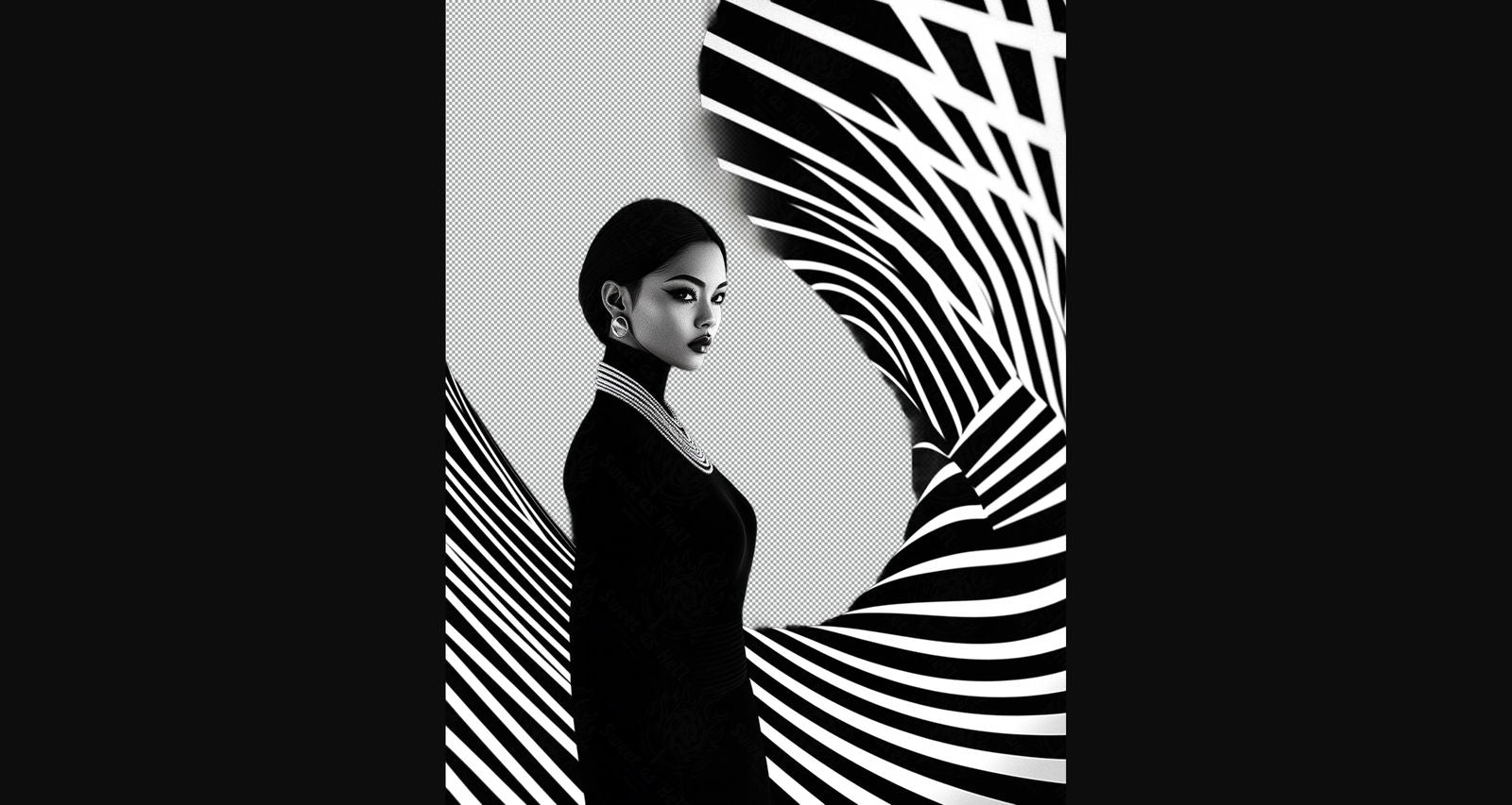 Black And White Fashion Photo of a Woman In The Center of a Optical Illusion That Creates Visual Depth and Movement With Transparent Background 008 SN2765 - Sweet As Hell Designs