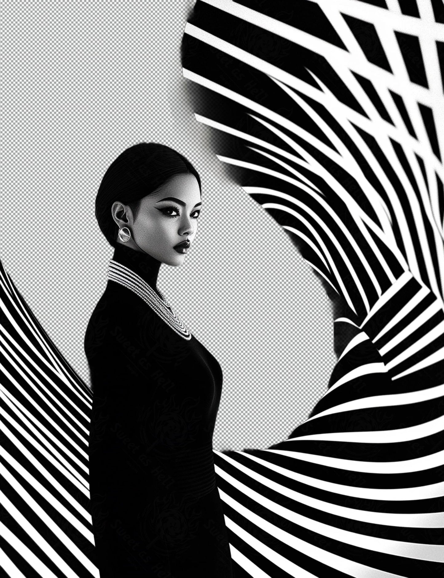 Black And White Fashion Photo of a Woman In The Center of a Optical Illusion That Creates Visual Depth and Movement With Transparent Background 008 SN2765 - Sweet As Hell Designs