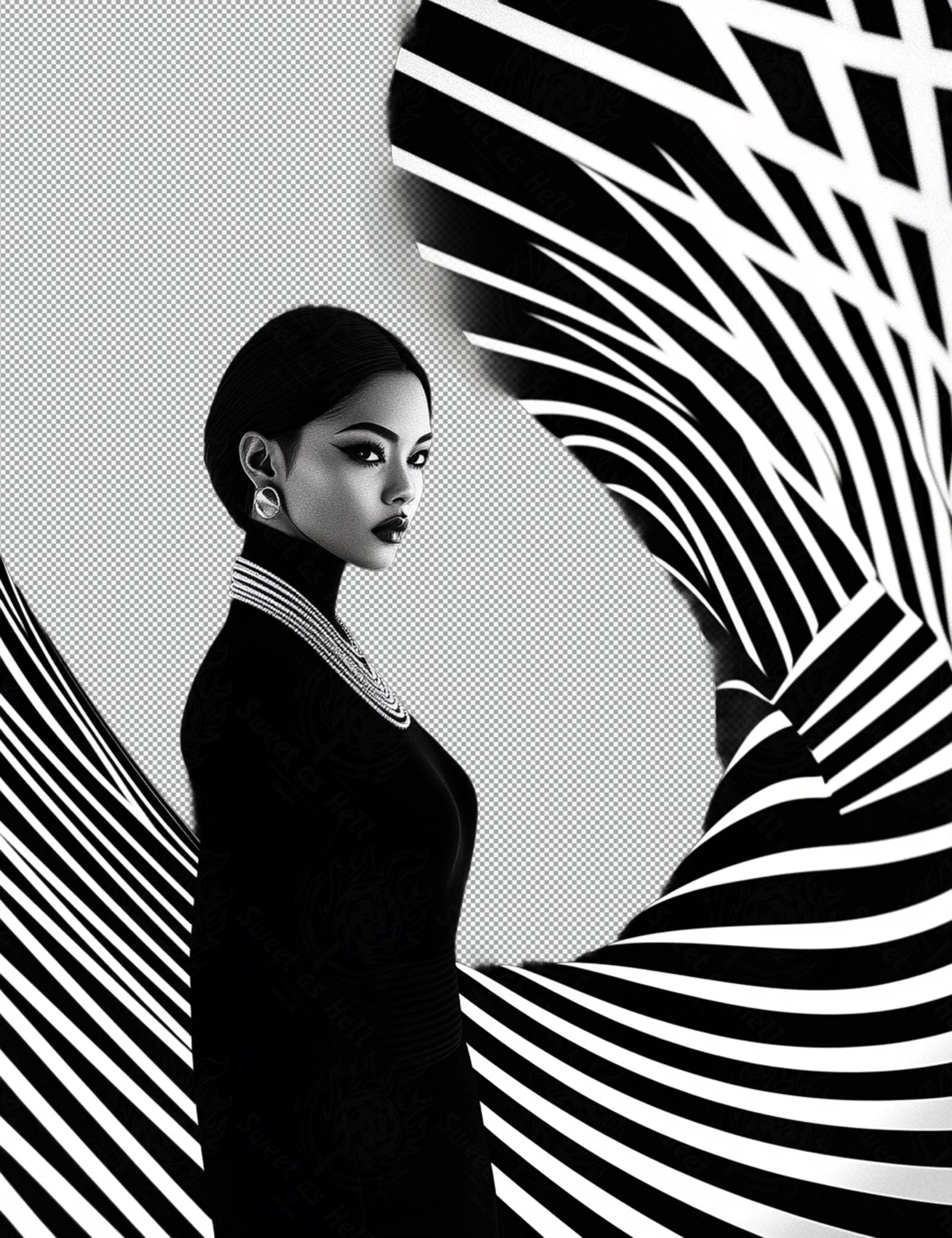 Black And White Fashion Photo of a Woman In The Center of a Optical Illusion That Creates Visual Depth and Movement With Transparent Background 008 SN2765 - Sweet As Hell Designs