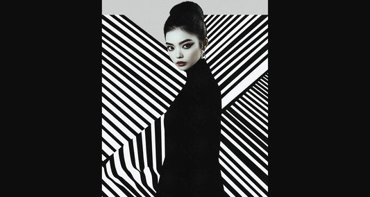 Black And White Fashion Photo of a Woman In The Center of a Optical Illusion That Creates Visual Depth and Movement With Transparent Background 009 SN2769 - Sweet As Hell Designs