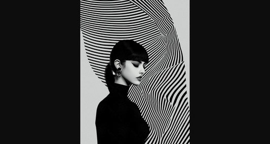 Black And White Fashion Photo of a Woman In The Center of a Optical Illusion That Creates Visual Depth and Movement With Transparent Background 034 SN2782 - Sweet As Hell Designs