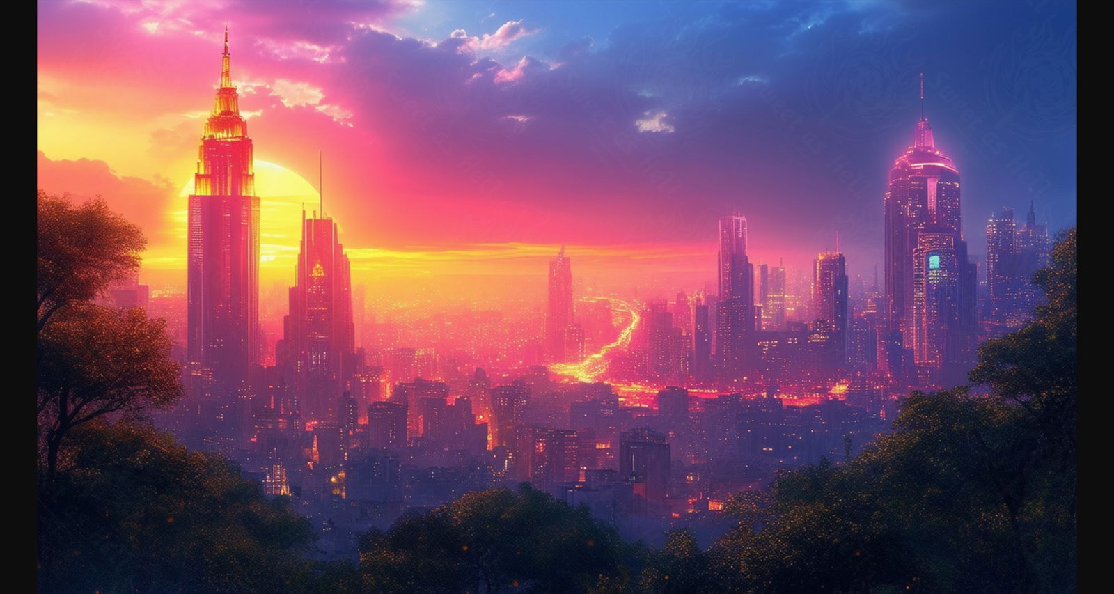 Cityscape Highlighted by the Setting Sun and Rich Colors 9 by 16 0001 SN769 - Sweet As Hell Designs