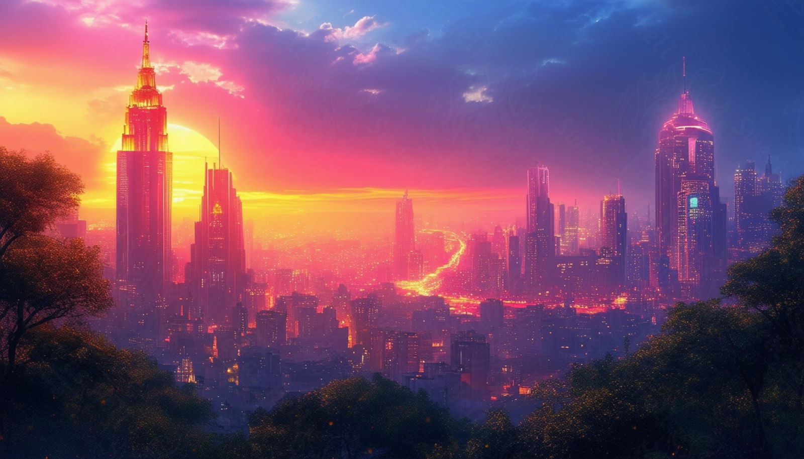 Cityscape Highlighted by the Setting Sun and Rich Colors 9 by 16 0001 SN769 - Sweet As Hell Designs