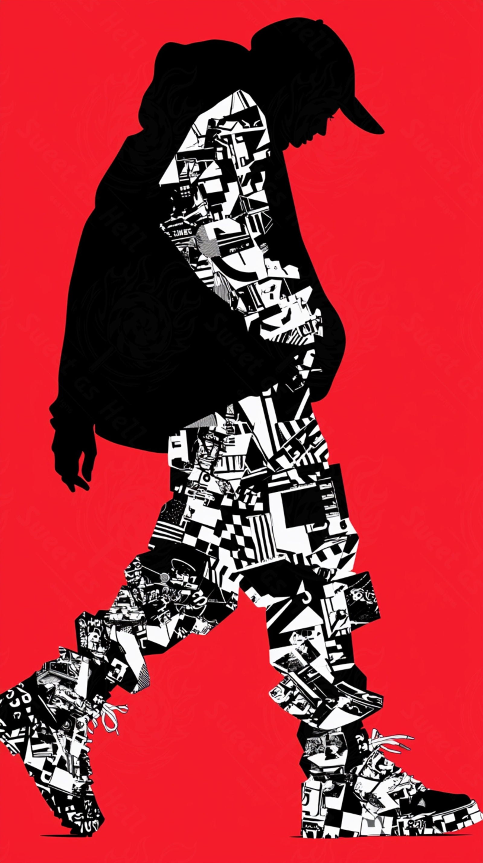 Full-length Urban Character in Streetwear Composed of Overlapping Shapes and/or Letters That Create Depth, Texture and Movement 0071 SN1321 - Sweet As Hell Designs
