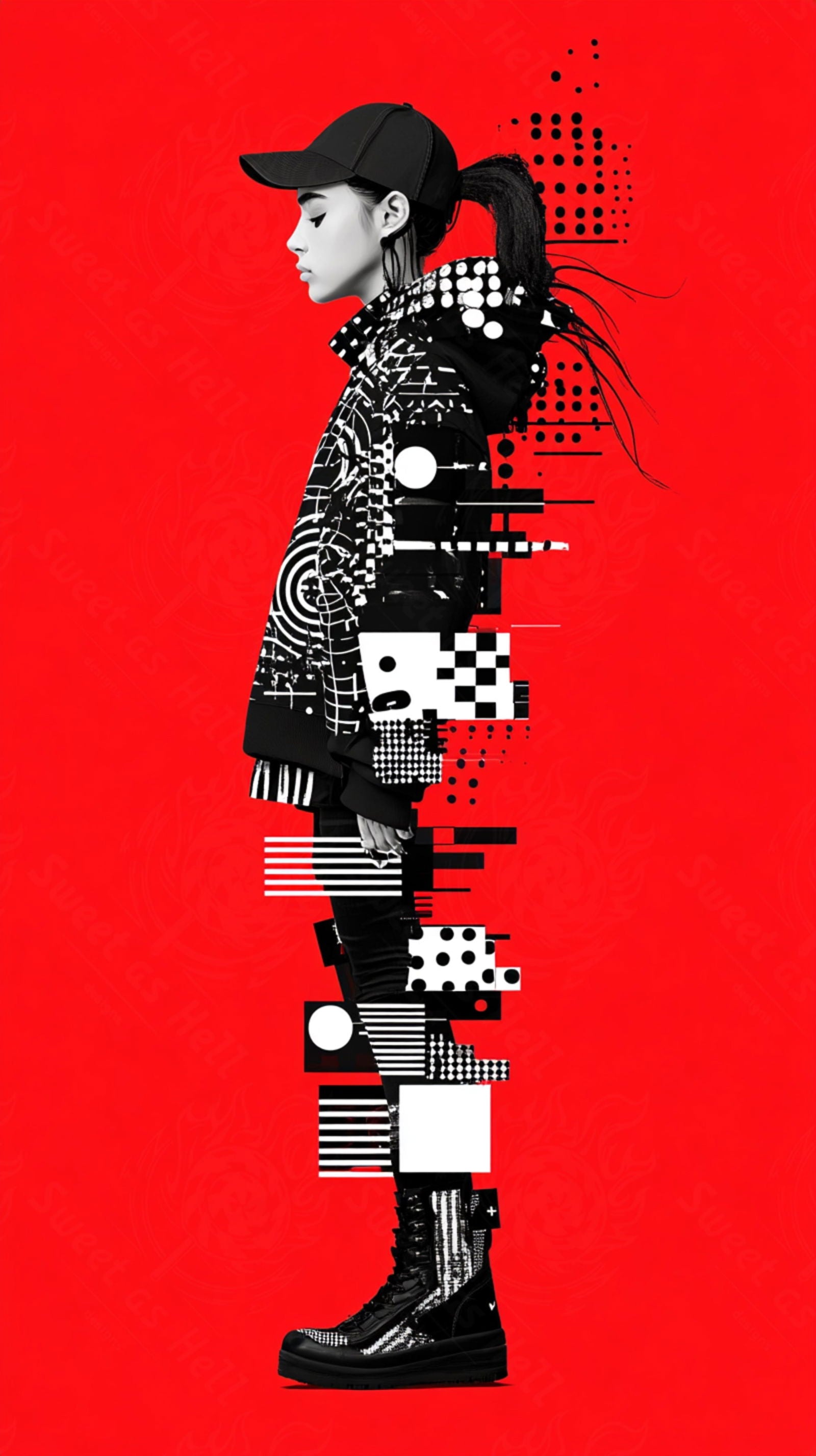 Full-length Urban Character in Streetwear Composed of Overlapping Shapes and/or Letters That Create Depth, Texture and Movement 0079 SN1329 - Sweet As Hell Designs
