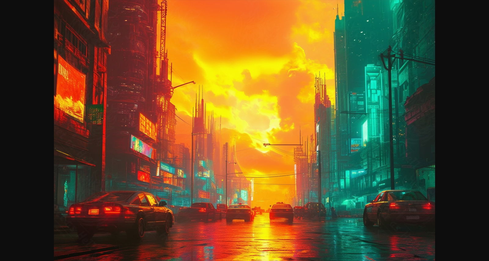 Gritty Street Level Illustration During Golden Hour with Colored Light Effects 3 by 2 0001 SN841 - Sweet As Hell Designs