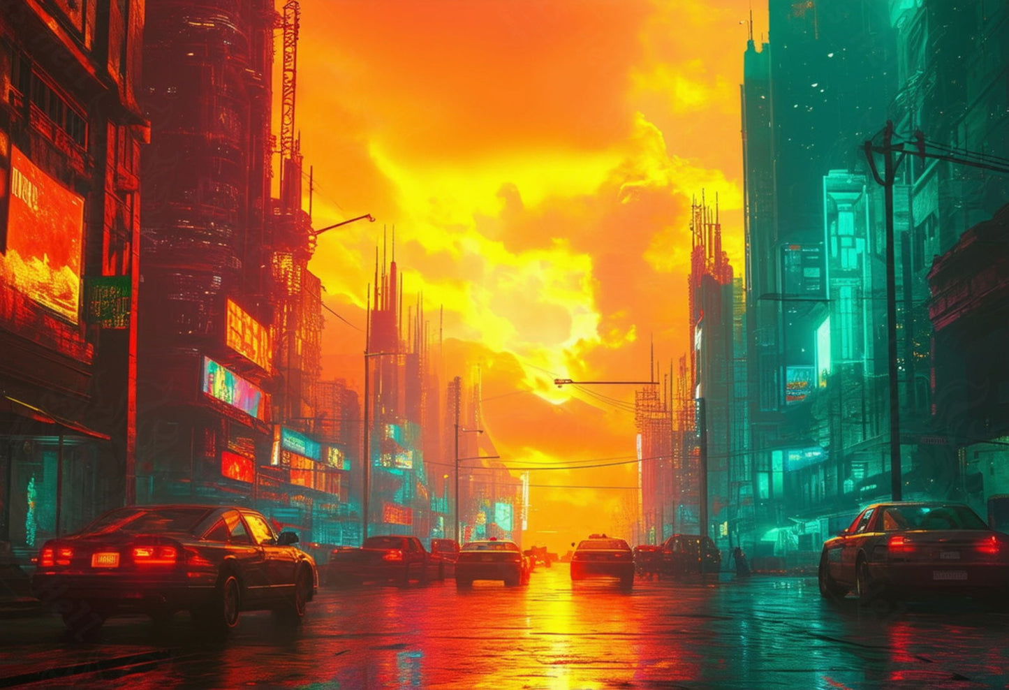 Gritty Street Level Illustration During Golden Hour with Colored Light Effects 3 by 2 0001 SN841 - Sweet As Hell Designs