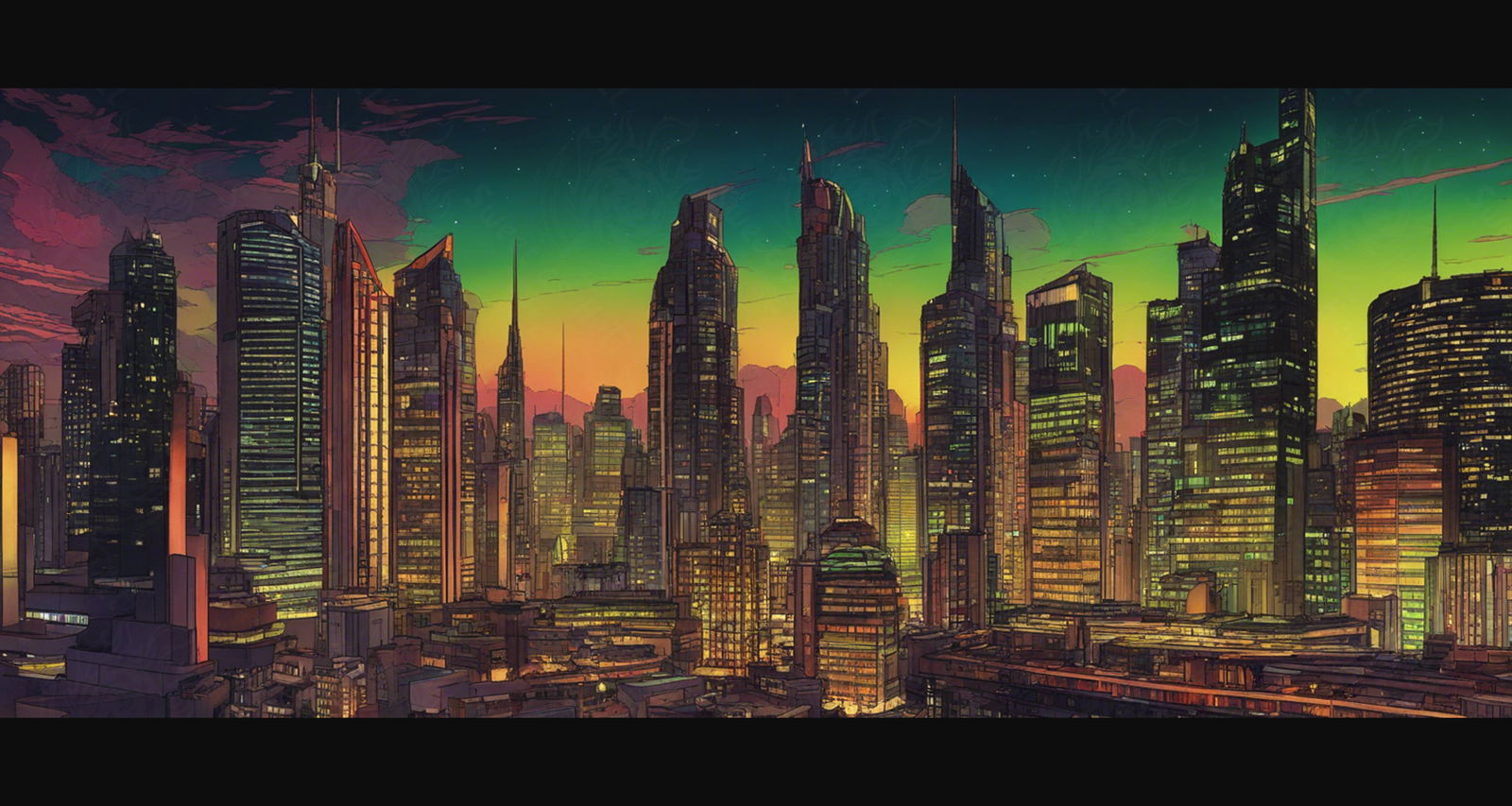 Illustrated Cityscape During Twilight Hour Showcasing Deep Rich Colors 0003 SN845 - Sweet As Hell Designs