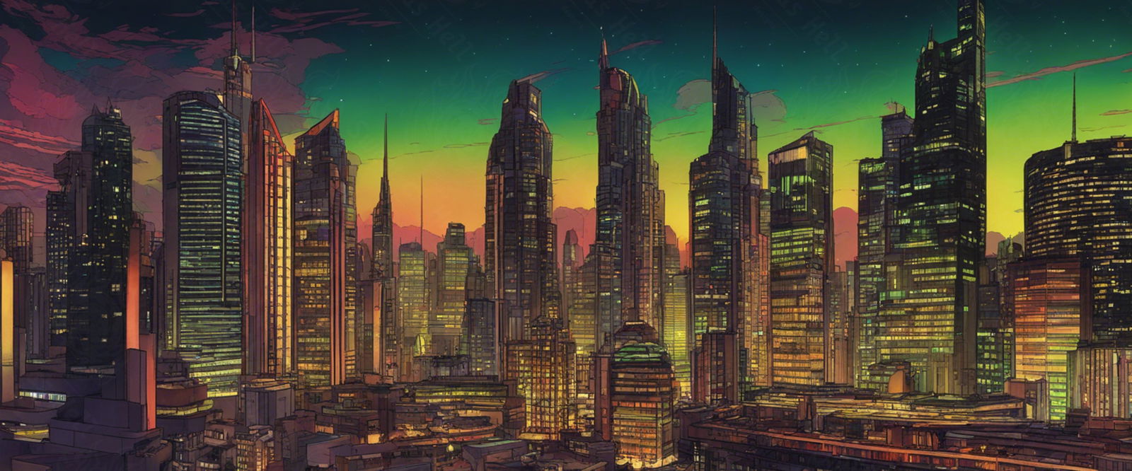 Illustrated Cityscape During Twilight Hour Showcasing Deep Rich Colors 0003 SN845 - Sweet As Hell Designs