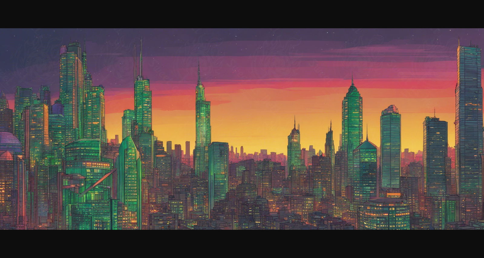 Illustrated Cityscape During Twilight Hour Showcasing Deep Rich Colors 0004 SN846 - Sweet As Hell Designs