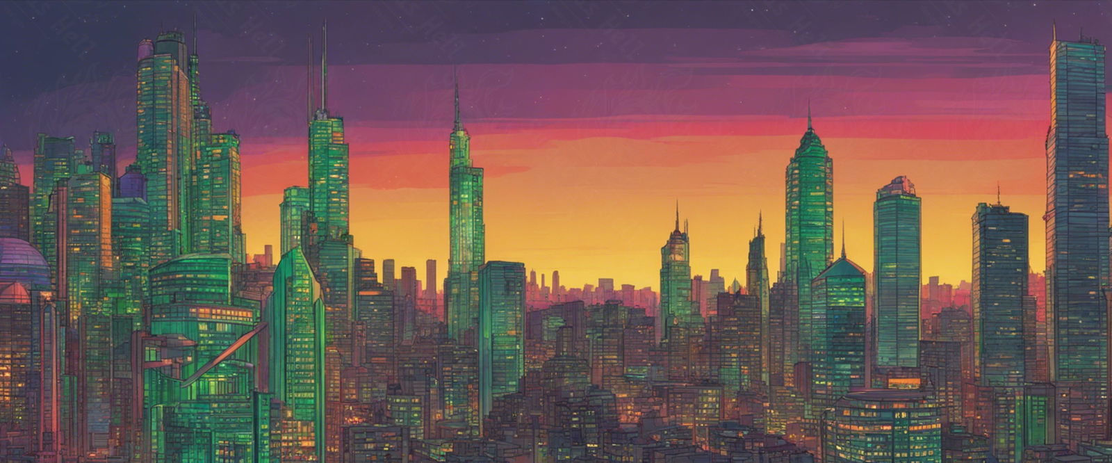 Illustrated Cityscape During Twilight Hour Showcasing Deep Rich Colors 0004 SN846 - Sweet As Hell Designs