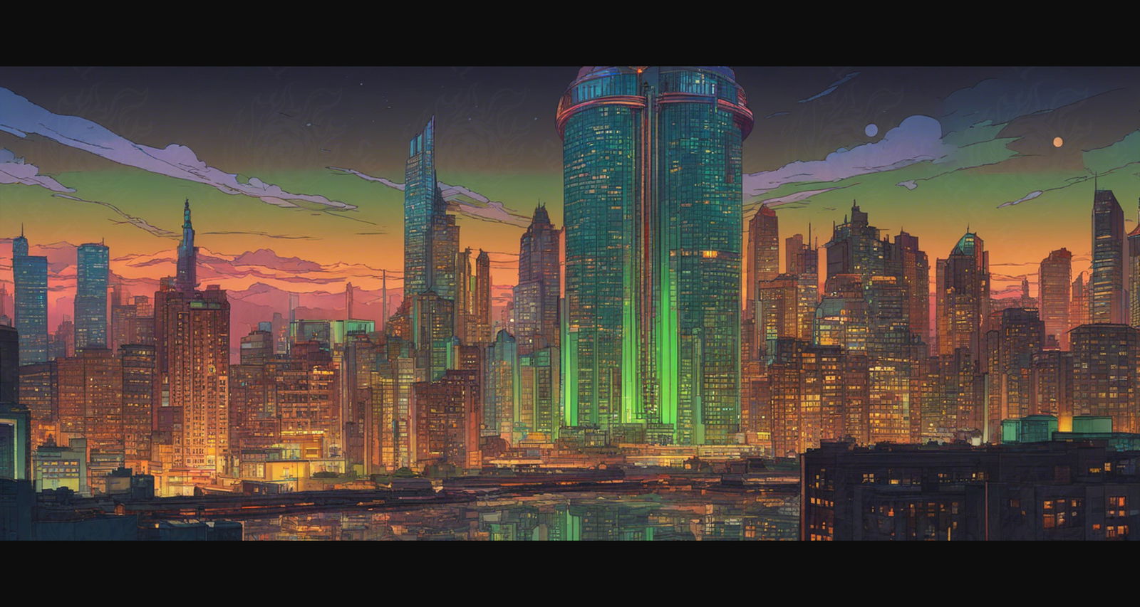 Illustrated Cityscape During Twilight Hour Showcasing Deep Rich Colors 0005 SN847 - Sweet As Hell Designs