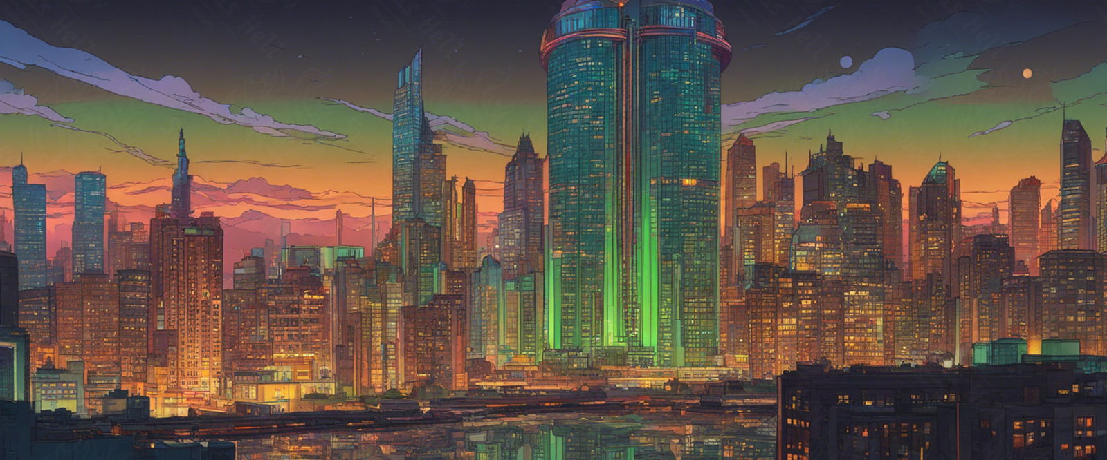 Illustrated Cityscape During Twilight Hour Showcasing Deep Rich Colors 0005 SN847 - Sweet As Hell Designs