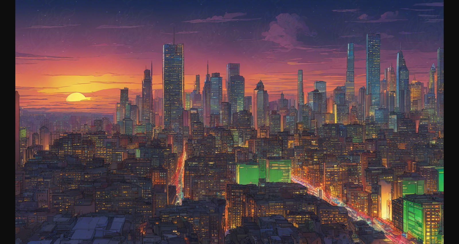 Illustrated Cityscape During Twilight Hour Showcasing Deep Rich Colors 0008 SN850 - Sweet As Hell Designs