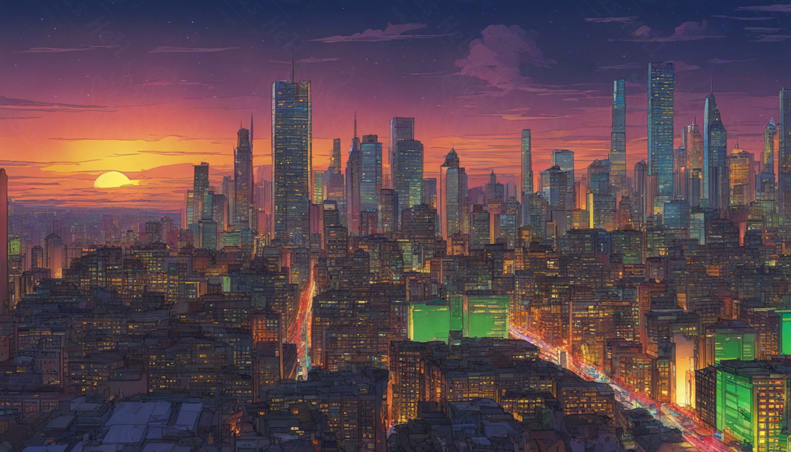 Illustrated Cityscape During Twilight Hour Showcasing Deep Rich Colors 0008 SN850 - Sweet As Hell Designs