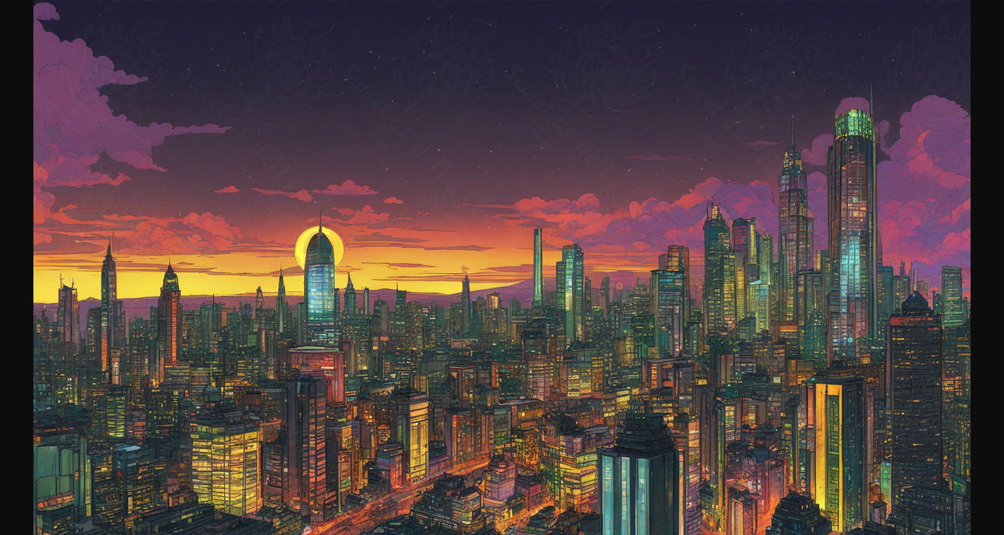 Illustrated Cityscape During Twilight Hour Showcasing Deep Rich Colors 0009 SN851 - Sweet As Hell Designs