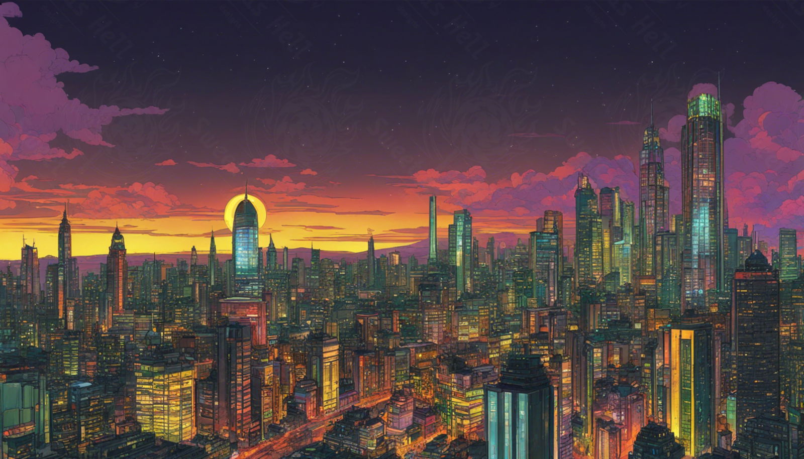 Illustrated Cityscape During Twilight Hour Showcasing Deep Rich Colors 0009 SN851 - Sweet As Hell Designs