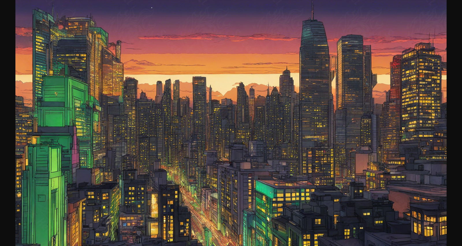 Illustrated Cityscape During Twilight Hour Showcasing Deep Rich Colors 0010 SN852 - Sweet As Hell Designs