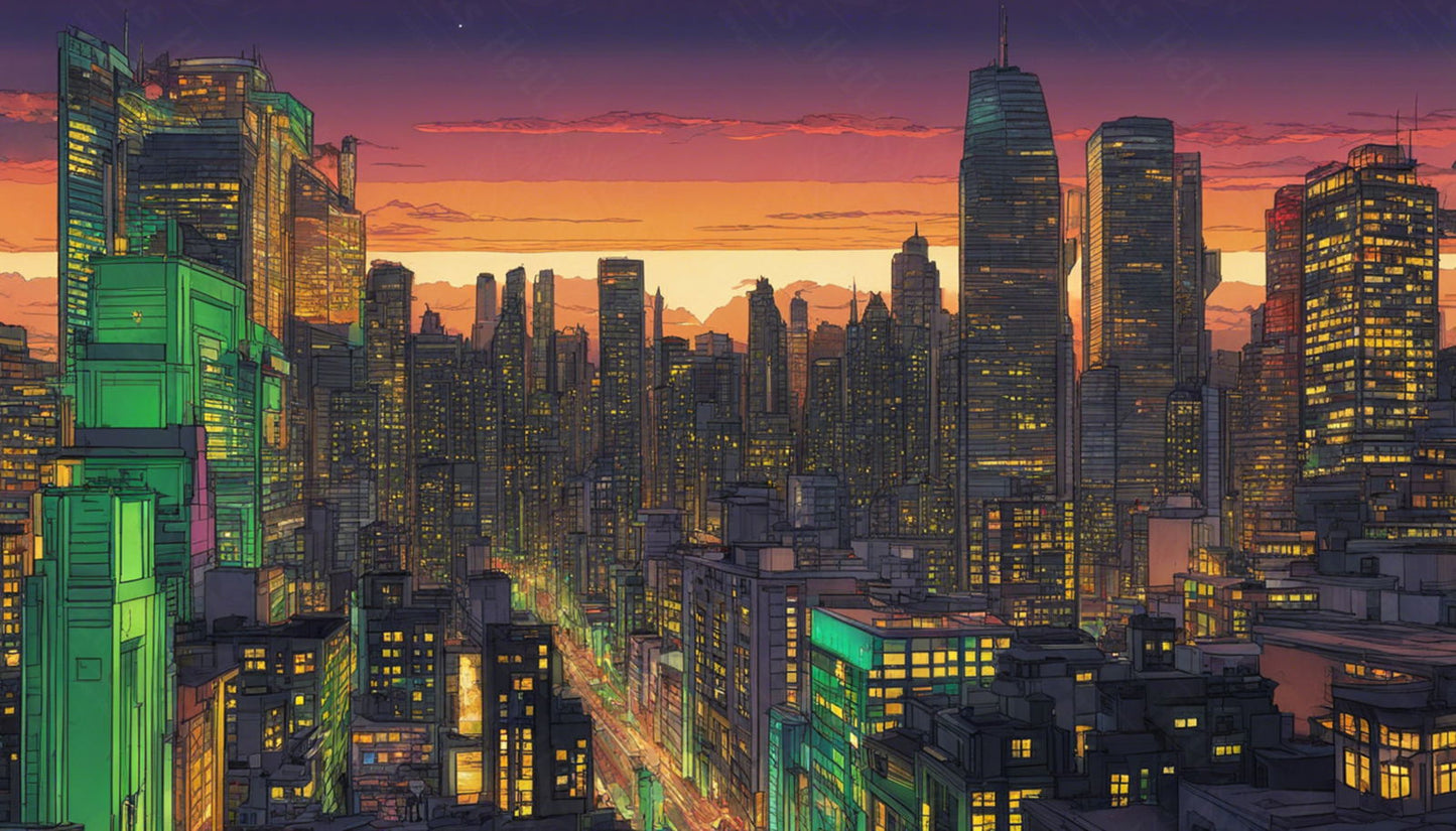 Illustrated Cityscape During Twilight Hour Showcasing Deep Rich Colors 0010 SN852 - Sweet As Hell Designs