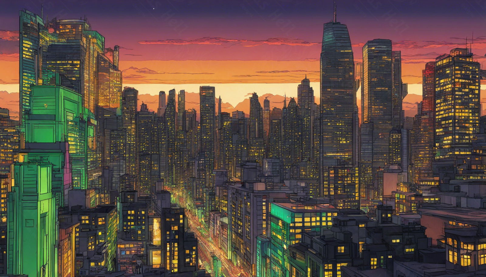 Illustrated Cityscape During Twilight Hour Showcasing Deep Rich Colors 0010 SN852 - Sweet As Hell Designs