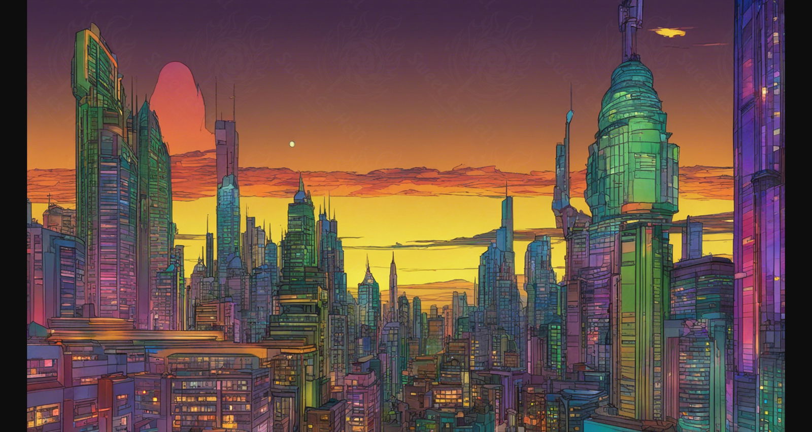 Illustrated Cityscape During Twilight Hour Showcasing Deep Rich Colors 0011 SN853 - Sweet As Hell Designs