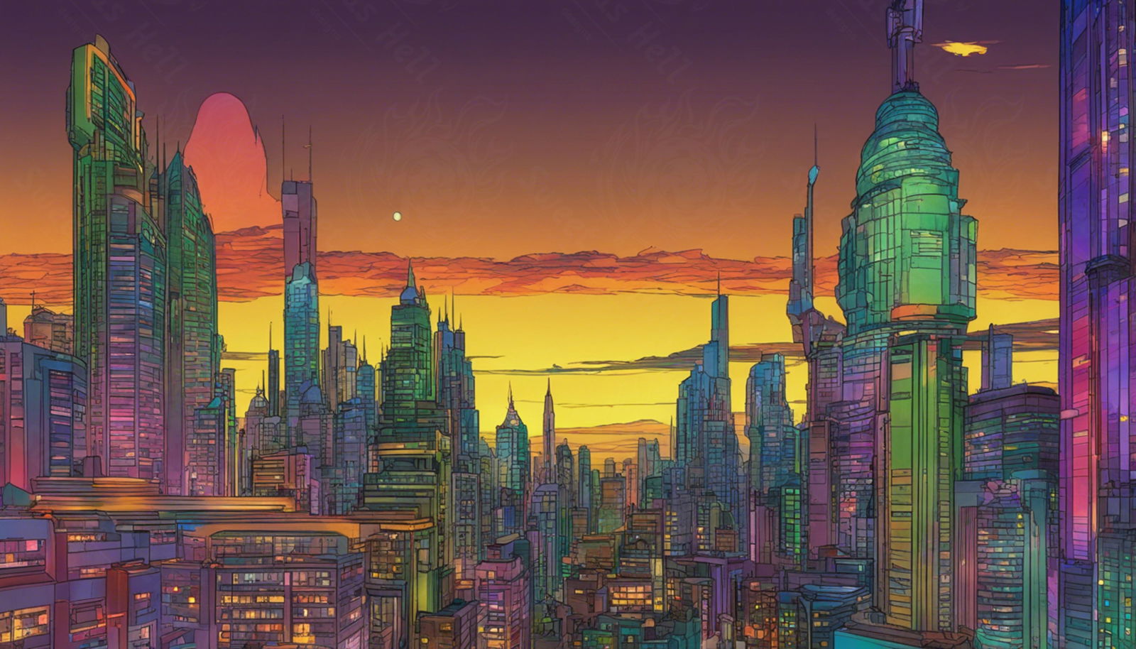 Illustrated Cityscape During Twilight Hour Showcasing Deep Rich Colors 0011 SN853 - Sweet As Hell Designs