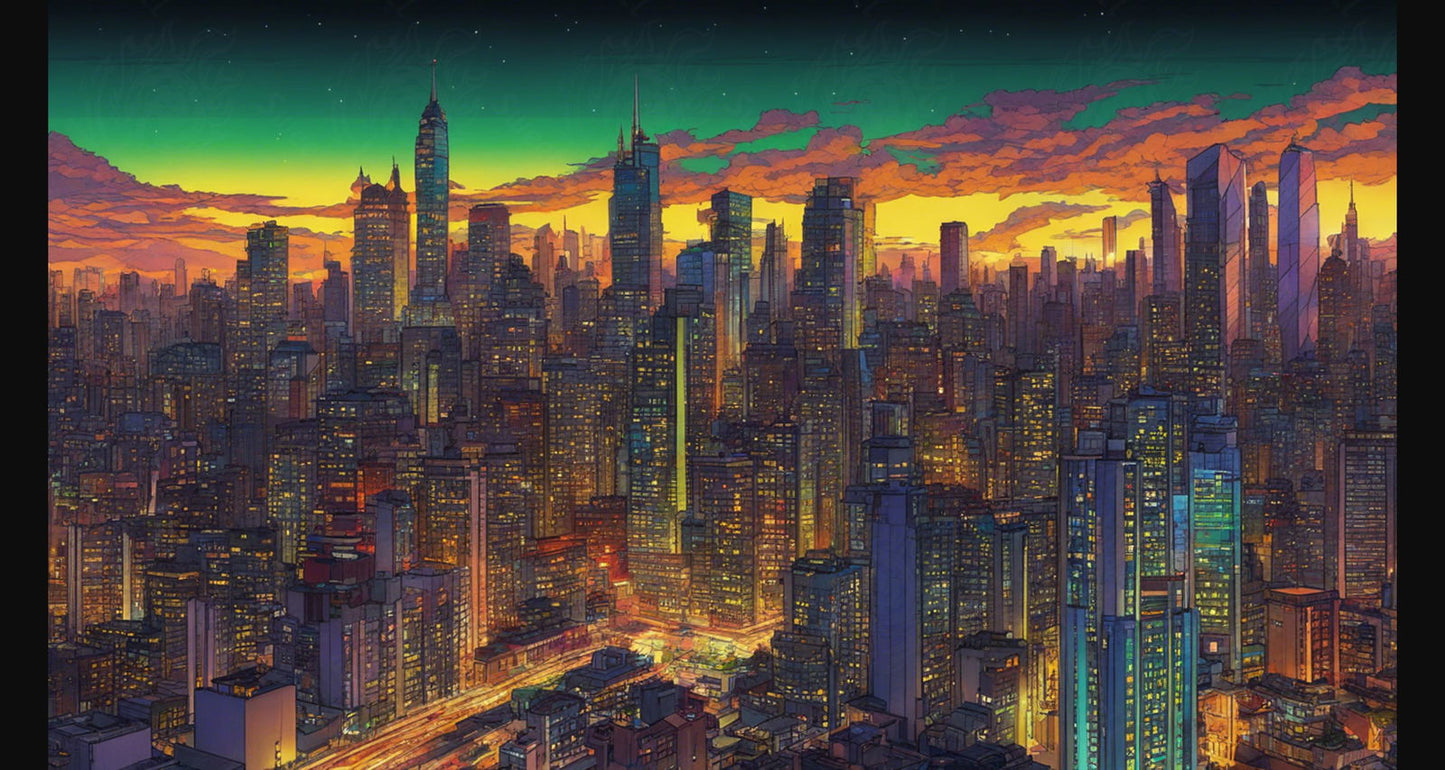 Illustrated Cityscape During Twilight Hour Showcasing Deep Rich Colors 0012 SN854 - Sweet As Hell Designs