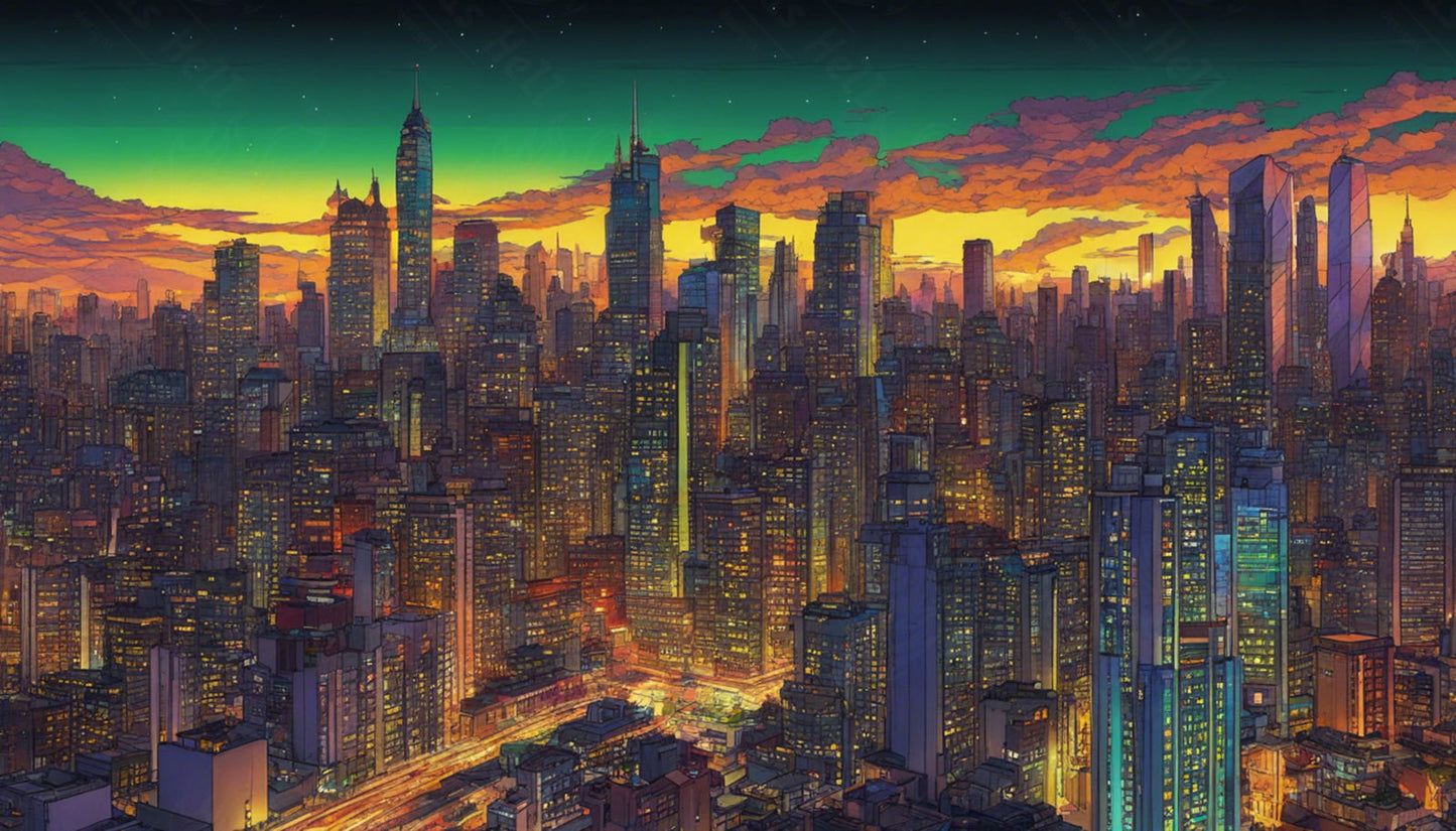Illustrated Cityscape During Twilight Hour Showcasing Deep Rich Colors 0012 SN854 - Sweet As Hell Designs