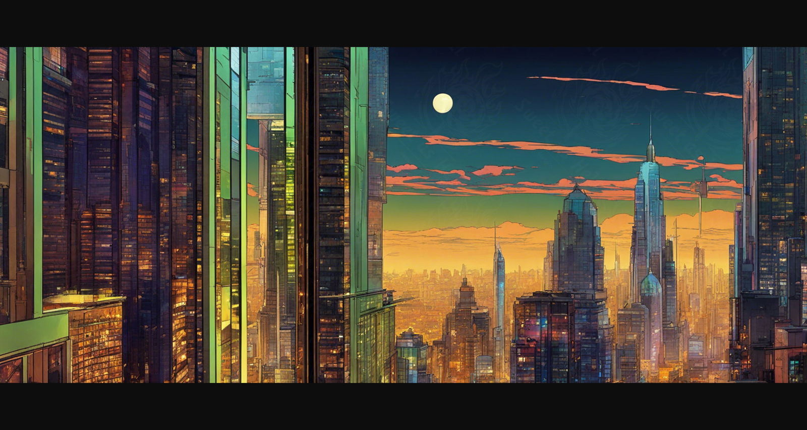 Illustrated Cityscape During Twilight Hour Showcasing Deep Rich Colors 0016 SN858 - Sweet As Hell Designs