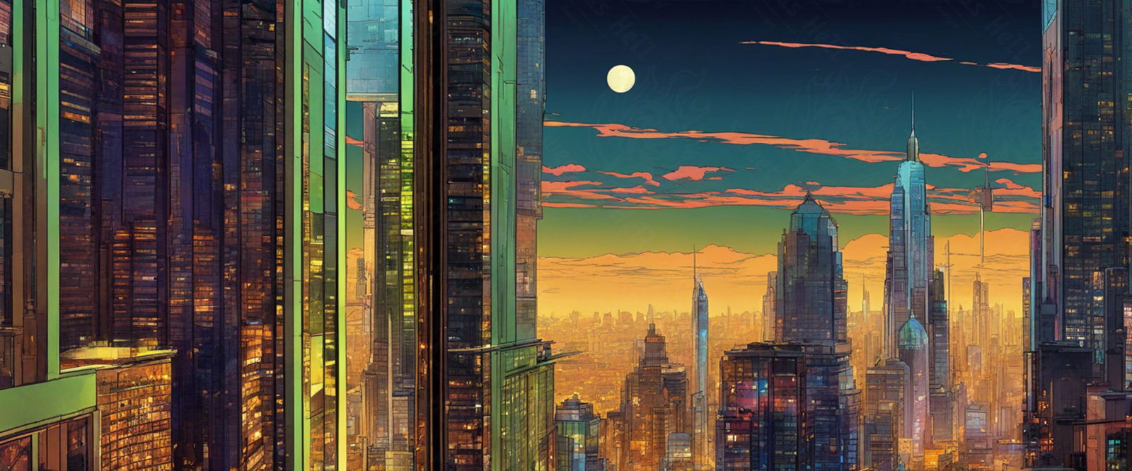 Illustrated Cityscape During Twilight Hour Showcasing Deep Rich Colors 0016 SN858 - Sweet As Hell Designs