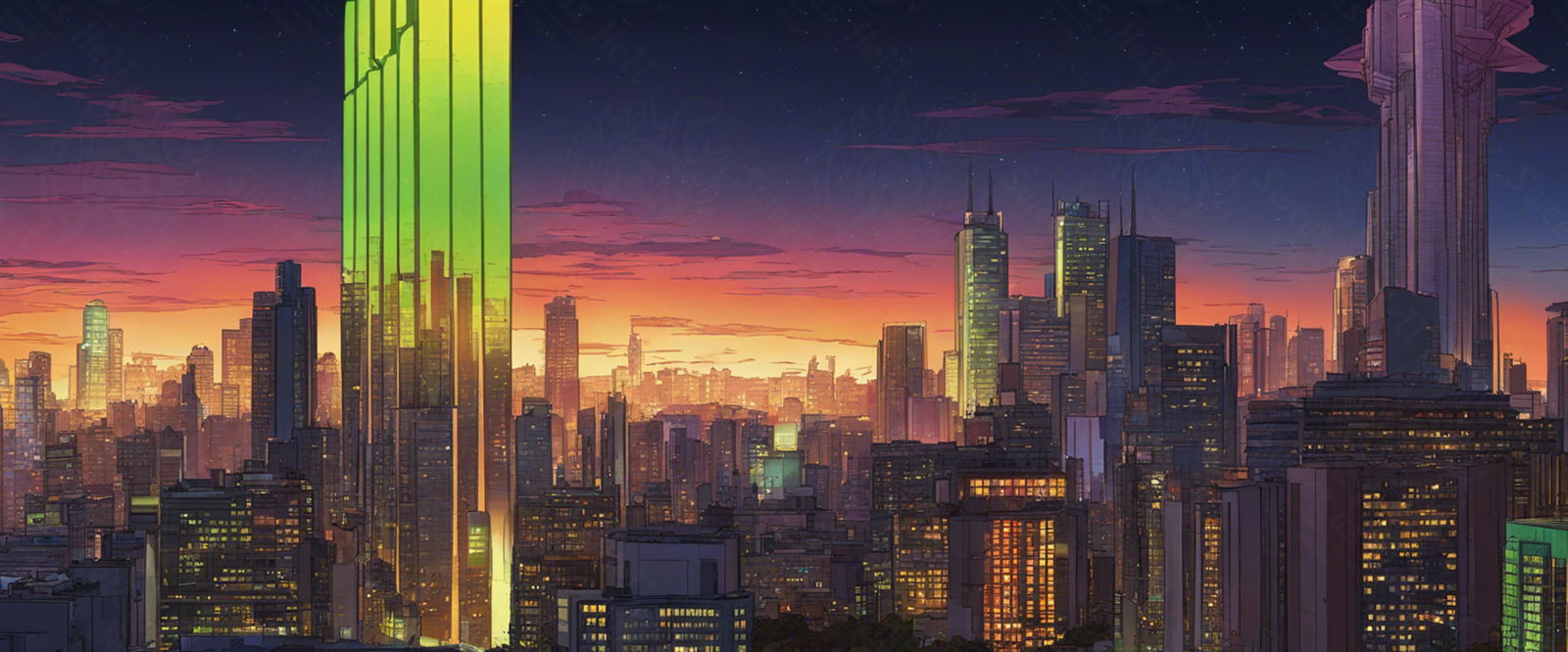 Illustrated Cityscape During Twilight Hour Showcasing Deep Rich Colors 0018 SN860 - Sweet As Hell Designs
