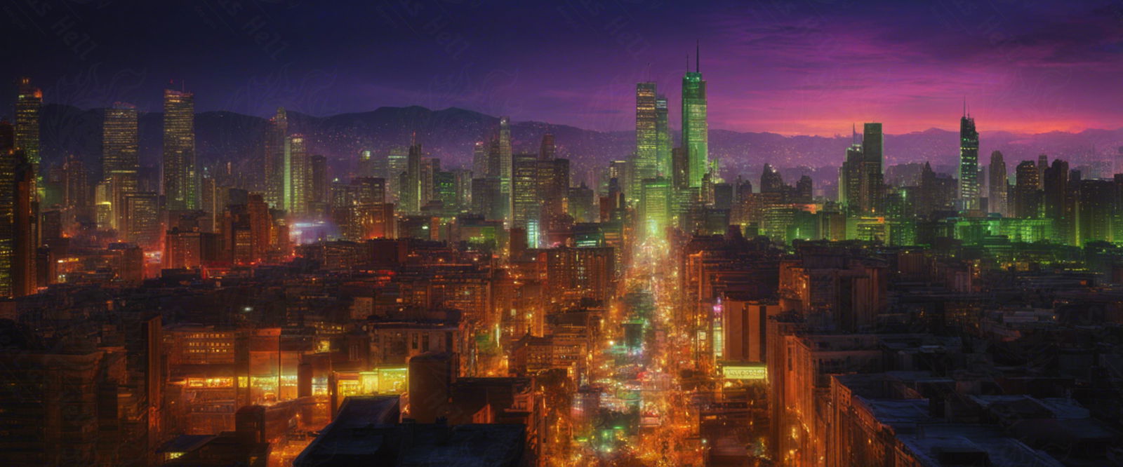 Illustrated Photo of a Sprawling Futuristic Cityscape at Night 0021 SN886 - Sweet As Hell Designs
