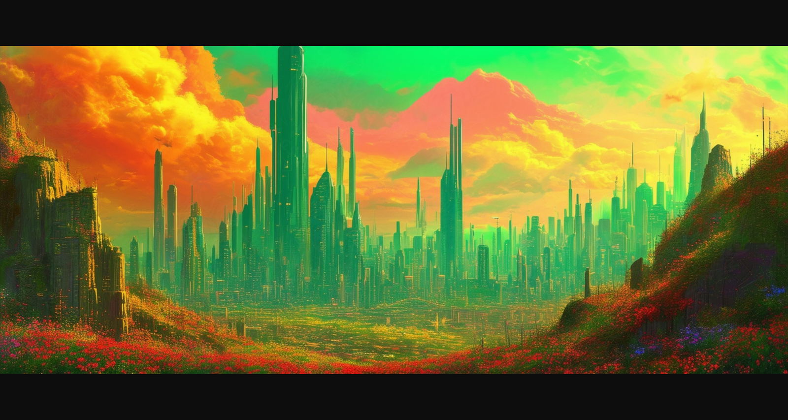 Modern Fantasy Illustration of a Citys Towering Structures Seen from the Town Limits  0001 SN922 - Sweet As Hell Designs
