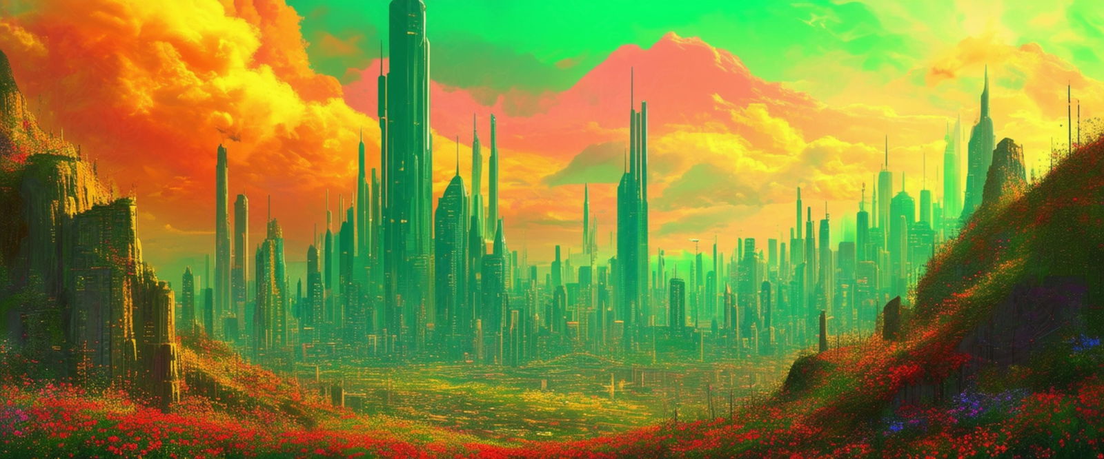 Modern Fantasy Illustration of a Citys Towering Structures Seen from the Town Limits  0001 SN922 - Sweet As Hell Designs