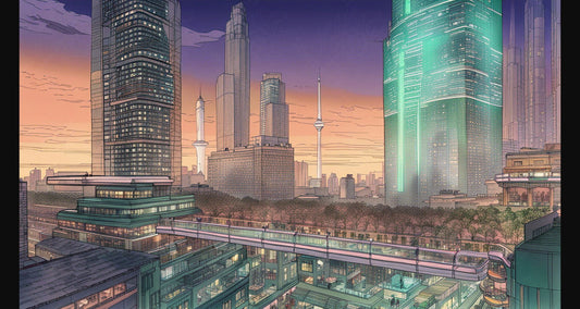 Multilevel Urban Architecture and Development Illustration During Twilight 16 by 9 0001 SN927 - Sweet As Hell Designs