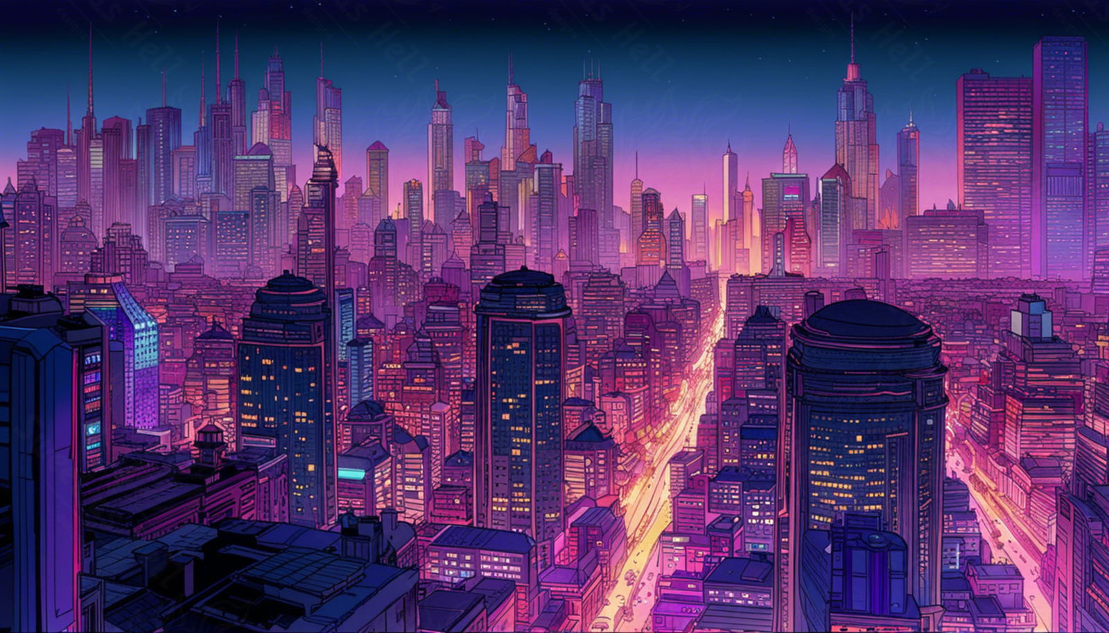Rooftop View of a Illustrated City Skyline 0001 SN939 - Sweet As Hell Designs