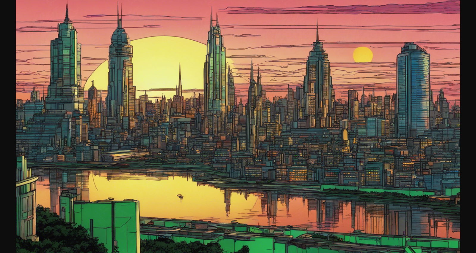 Rooftop View of a Illustrated City Skyline 0004 SN942 - Sweet As Hell Designs