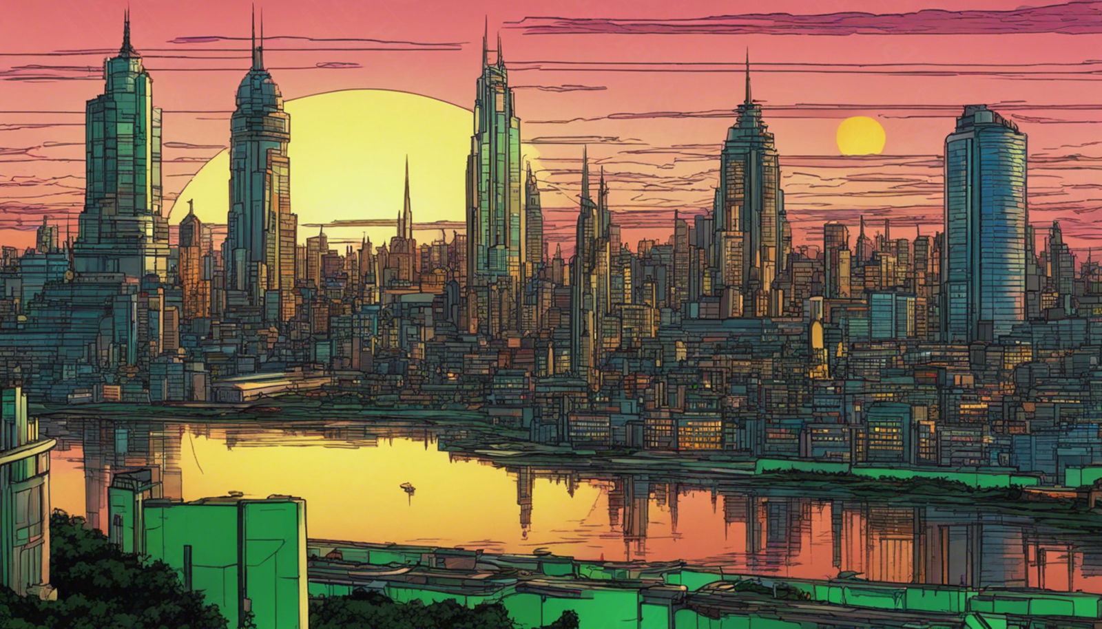 Rooftop View of a Illustrated City Skyline 0004 SN942 - Sweet As Hell Designs