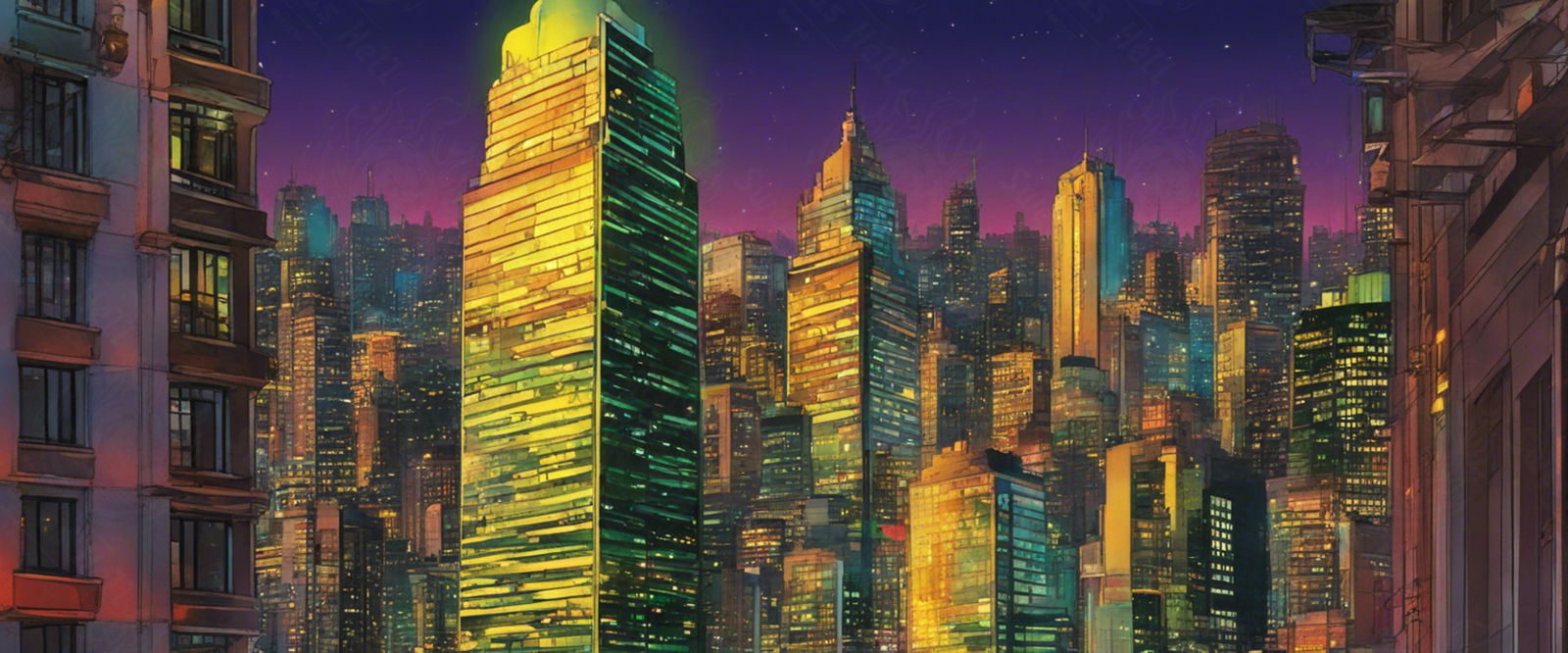 Rooftop View of a Illustrated City Skyline 0008 SN946 - Sweet As Hell Designs