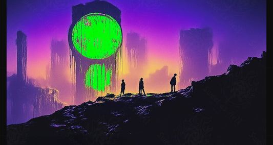 Silhouettes walking across a surreal landscape overwatched by green glowing  flood lights SN3074 - Sweet As Hell Designs