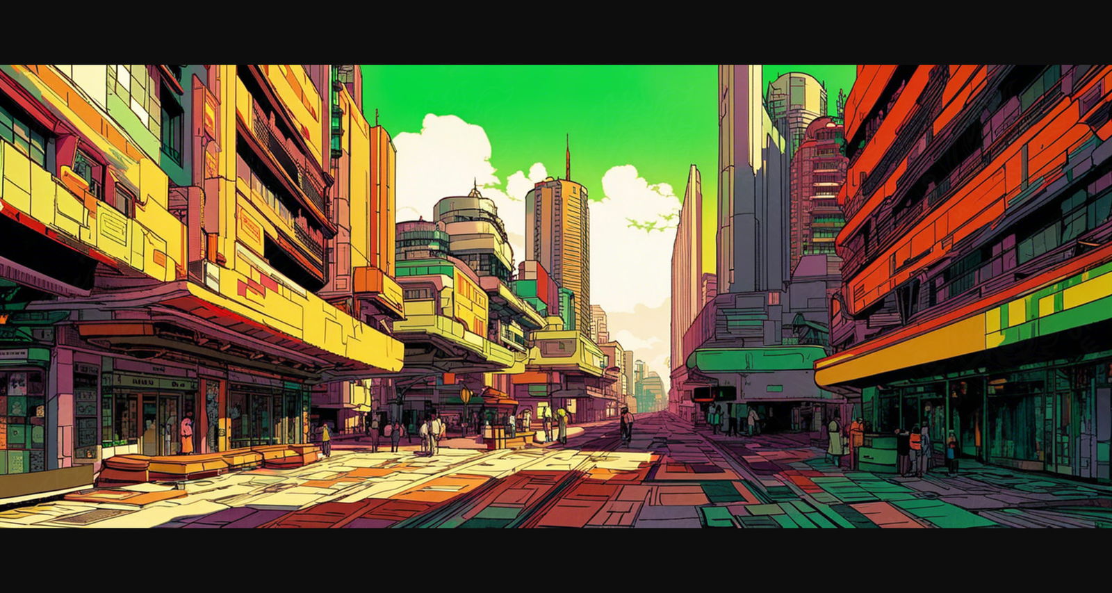 Street Level Illustrated View of a Densely Populated City Set Sometime in the Near Future 0046 SN997 - Sweet As Hell Designs