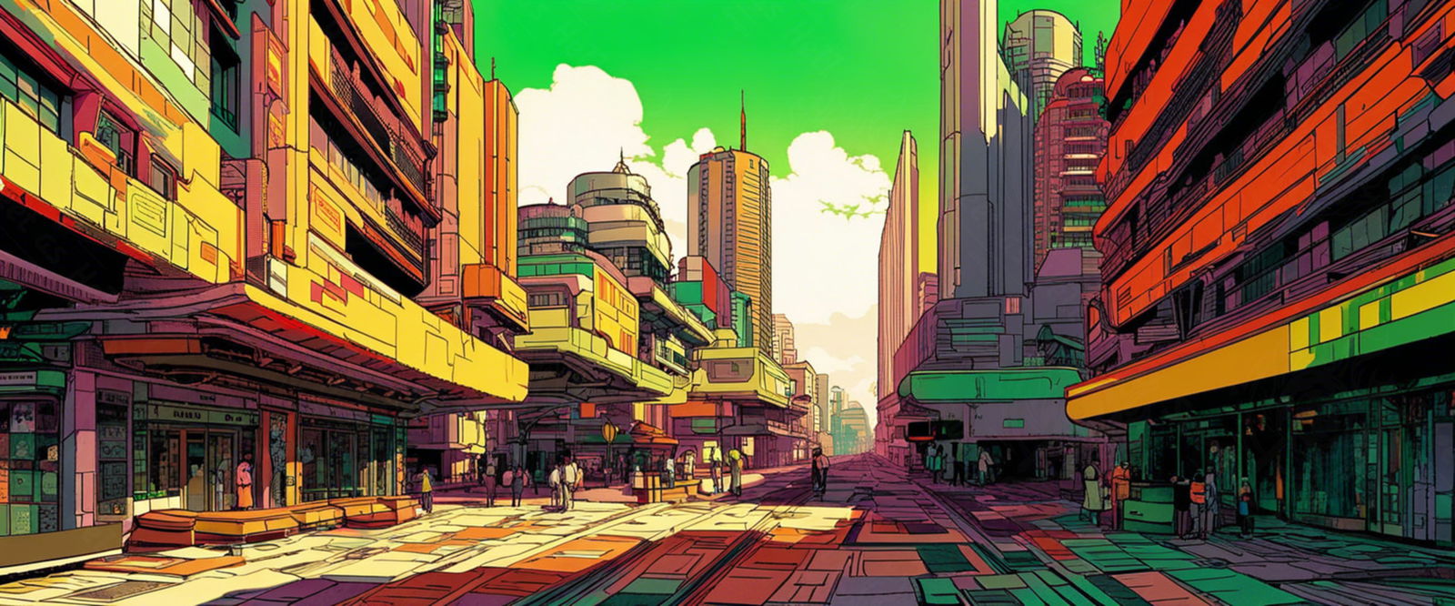 Street Level Illustrated View of a Densely Populated City Set Sometime in the Near Future 0046 SN997 - Sweet As Hell Designs