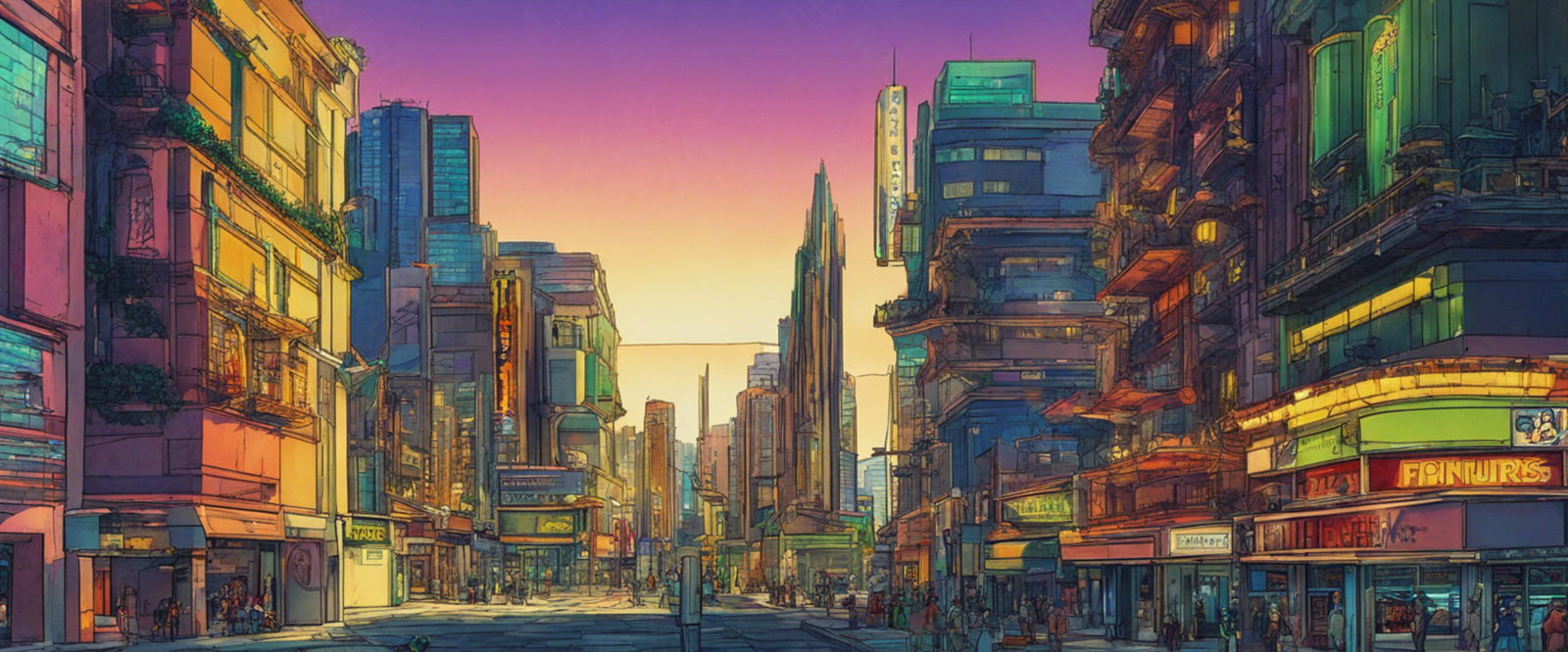 Street Level Illustrated View of a Densely Populated City Set Sometime in the Near Future 0050 SN1001 - Sweet As Hell Designs