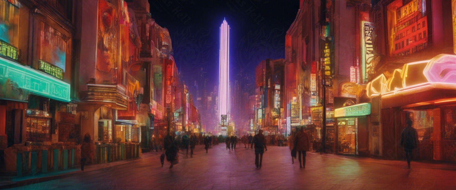Street Level Illustrated View of a Densely Populated City Set Sometime in the Near Future 0052 SN1003 - Sweet As Hell Designs