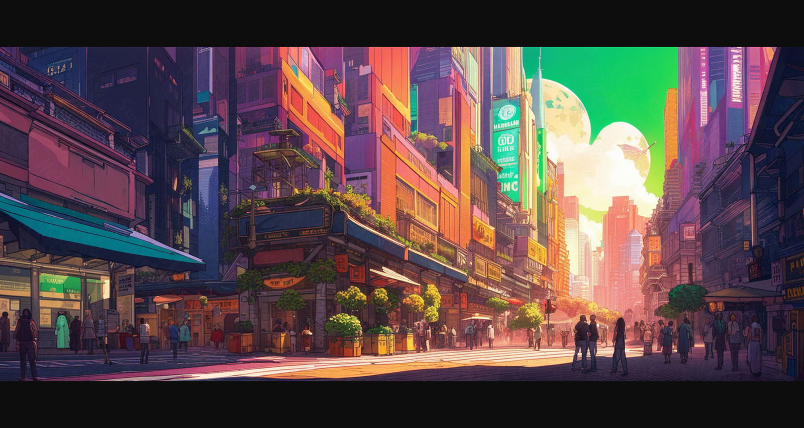Street Level Illustrated View of a Densely Populated City Set Sometime in the Near Future 0094 SN1045 - Sweet As Hell Designs