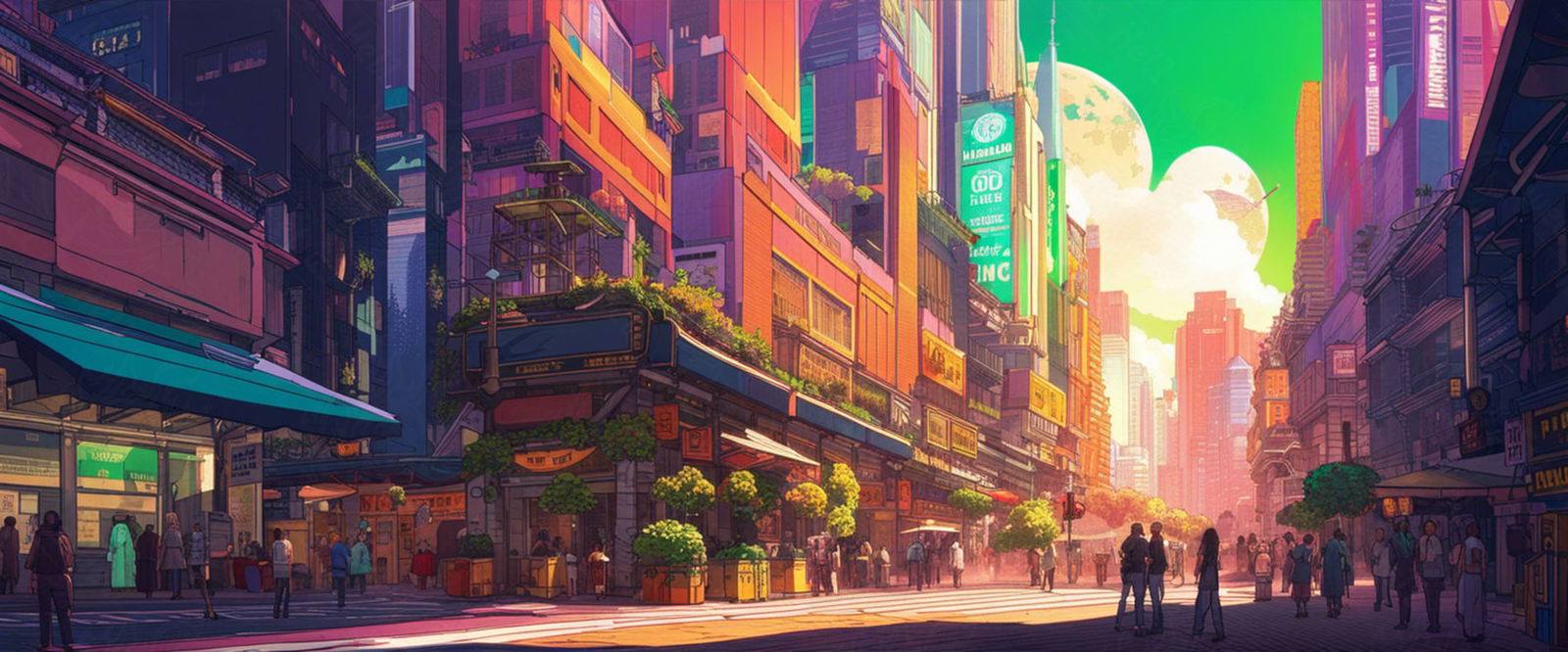 Street Level Illustrated View of a Densely Populated City Set Sometime in the Near Future 0094 SN1045 - Sweet As Hell Designs