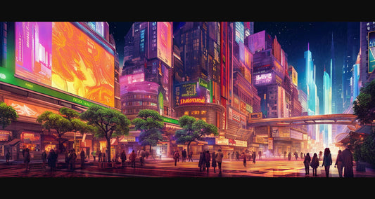 Street Level Illustrated View of a Densely Populated City Set Sometime in the Near Future 0101 SN1052 - Sweet As Hell Designs